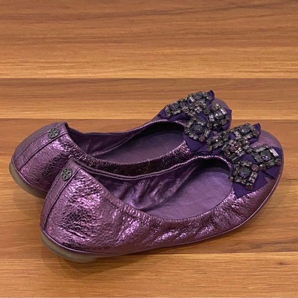 TORY BURCH Azalea Jeweled Bow Metallic Purple Ballerina Ballet Flats Size 8.5M - Picture 10 of 16